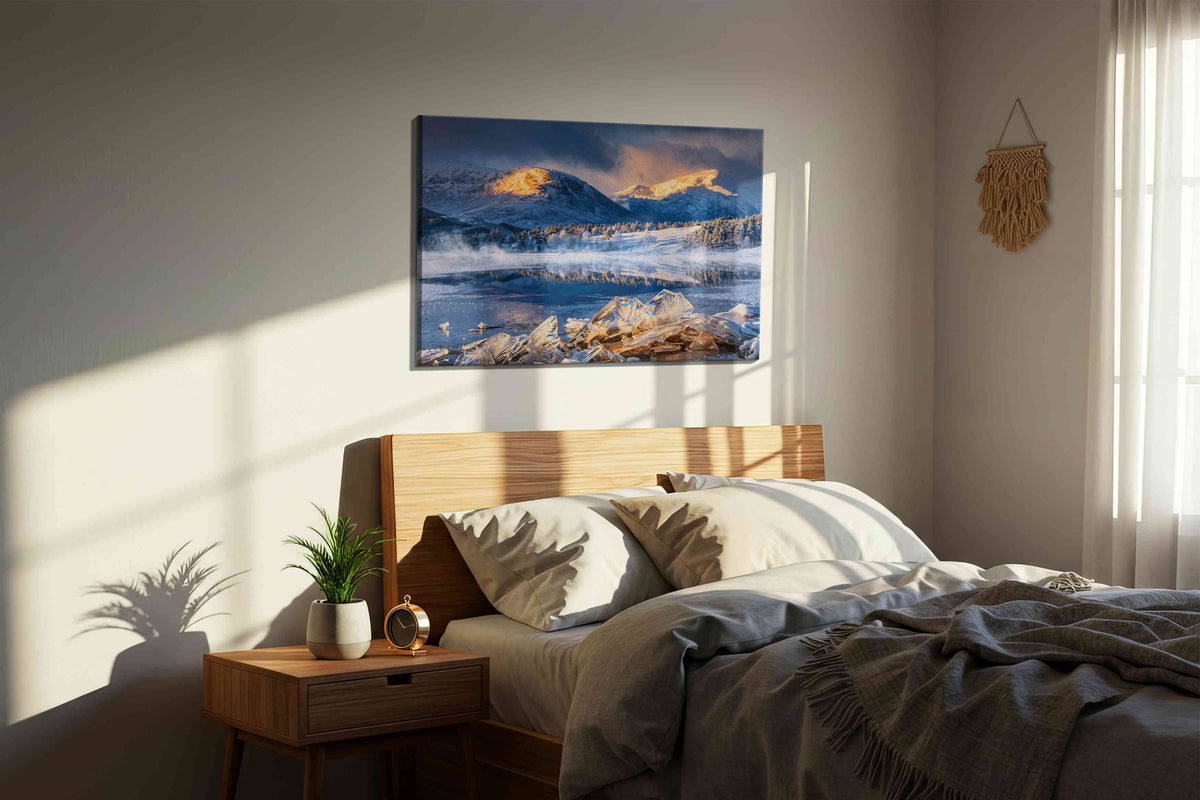 Ethereal Winter Serenity winter canvas print, displayed in a bedroom