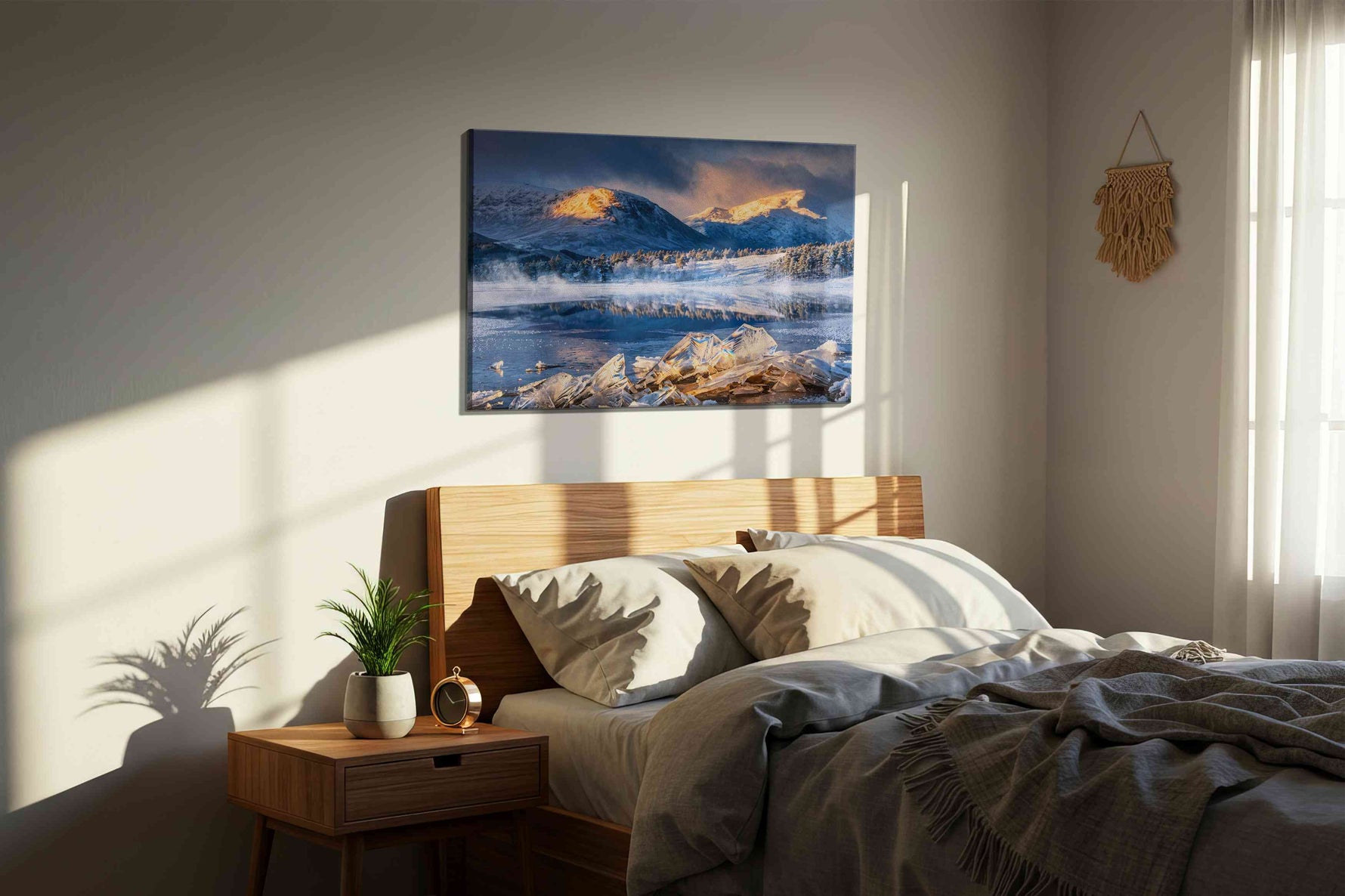 Ethereal Winter Serenity winter canvas print, displayed in a bedroom