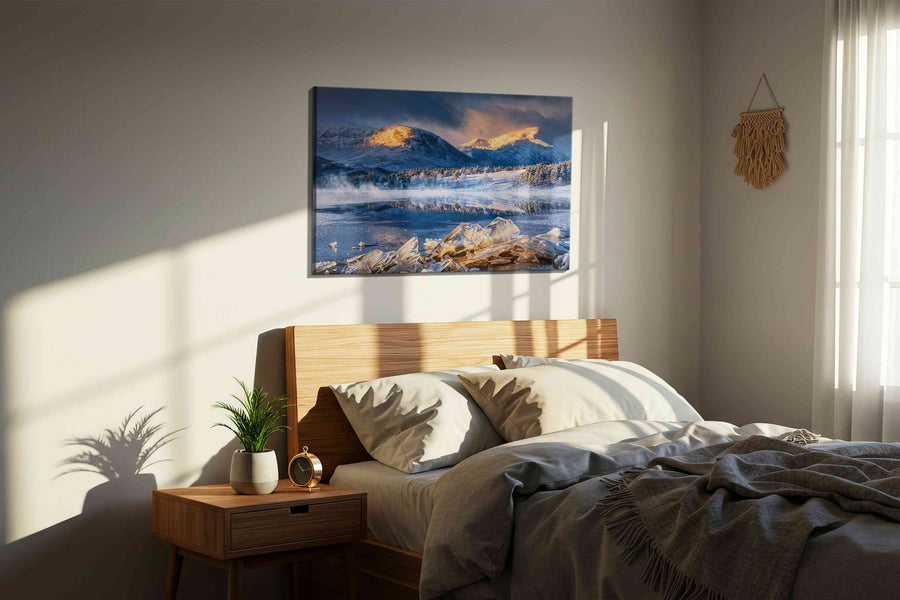 Ethereal Winter Serenity winter canvas print, displayed in a bedroom