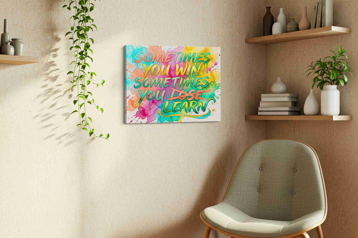 Colorful Wisdom Splash motivational canvas print, displayed in a living room