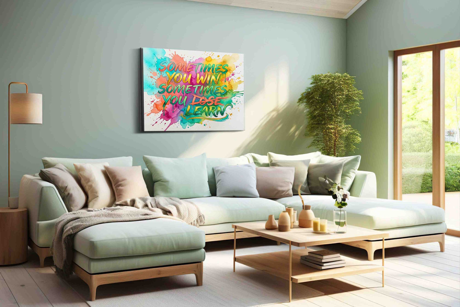 Colorful Wisdom Splash motivational canvas print, hanging on wall