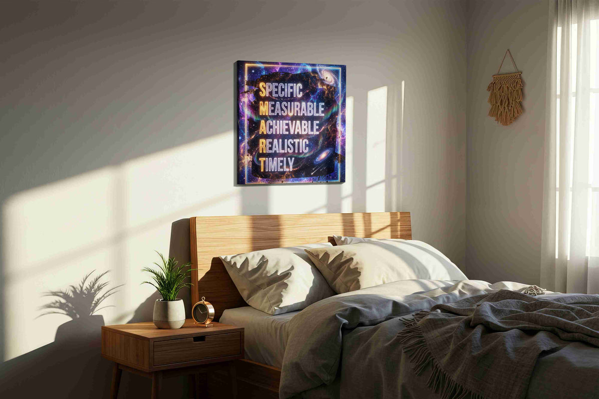 Cosmic Ambitions motivational canvas print, displayed in a bedroom