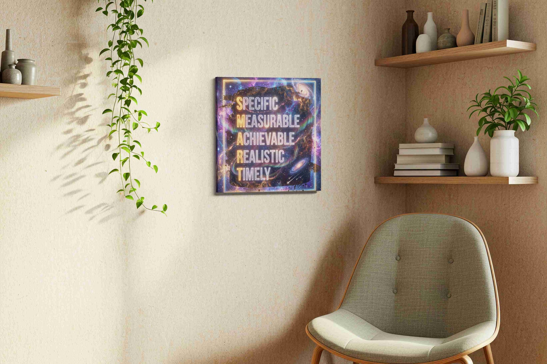 Cosmic Ambitions motivational canvas print, displayed in a living room