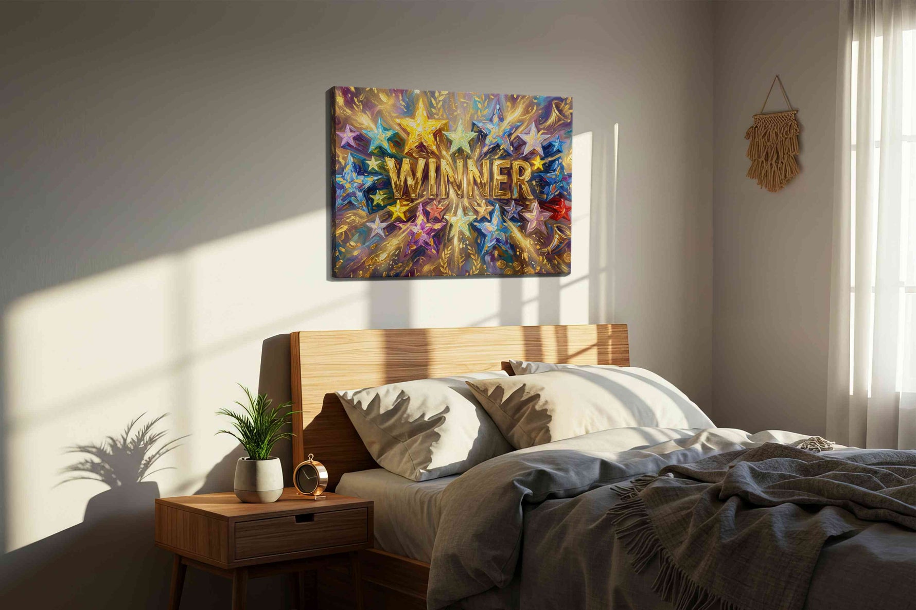 Cosmic Celebration of Triumph fortune canvas print, displayed in a bedroom