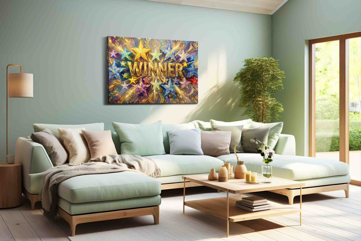 Cosmic Celebration of Triumph fortune canvas print shown in a wall scene
