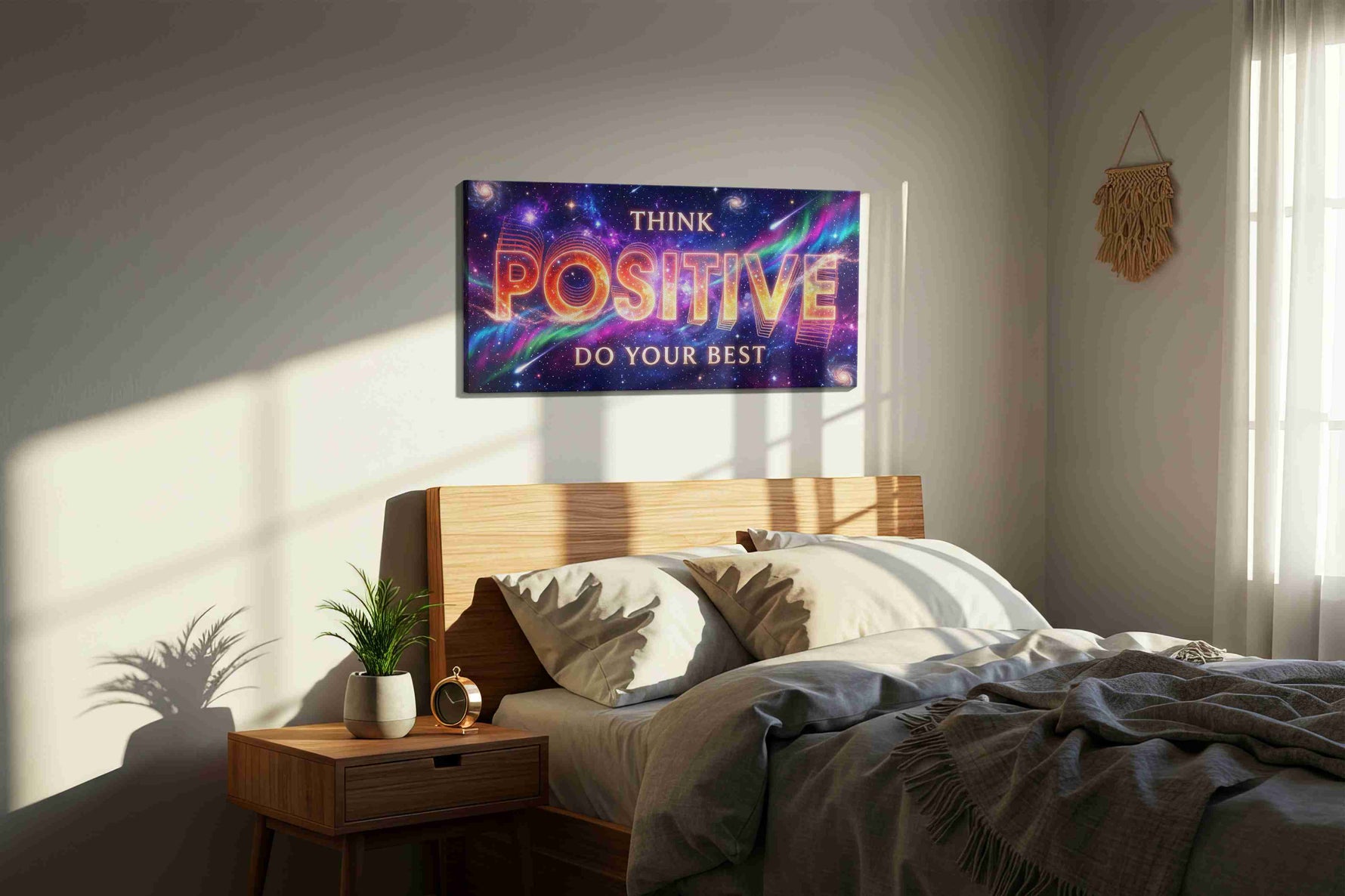 Cosmic Positivity motivational canvas print, displayed in a bedroom