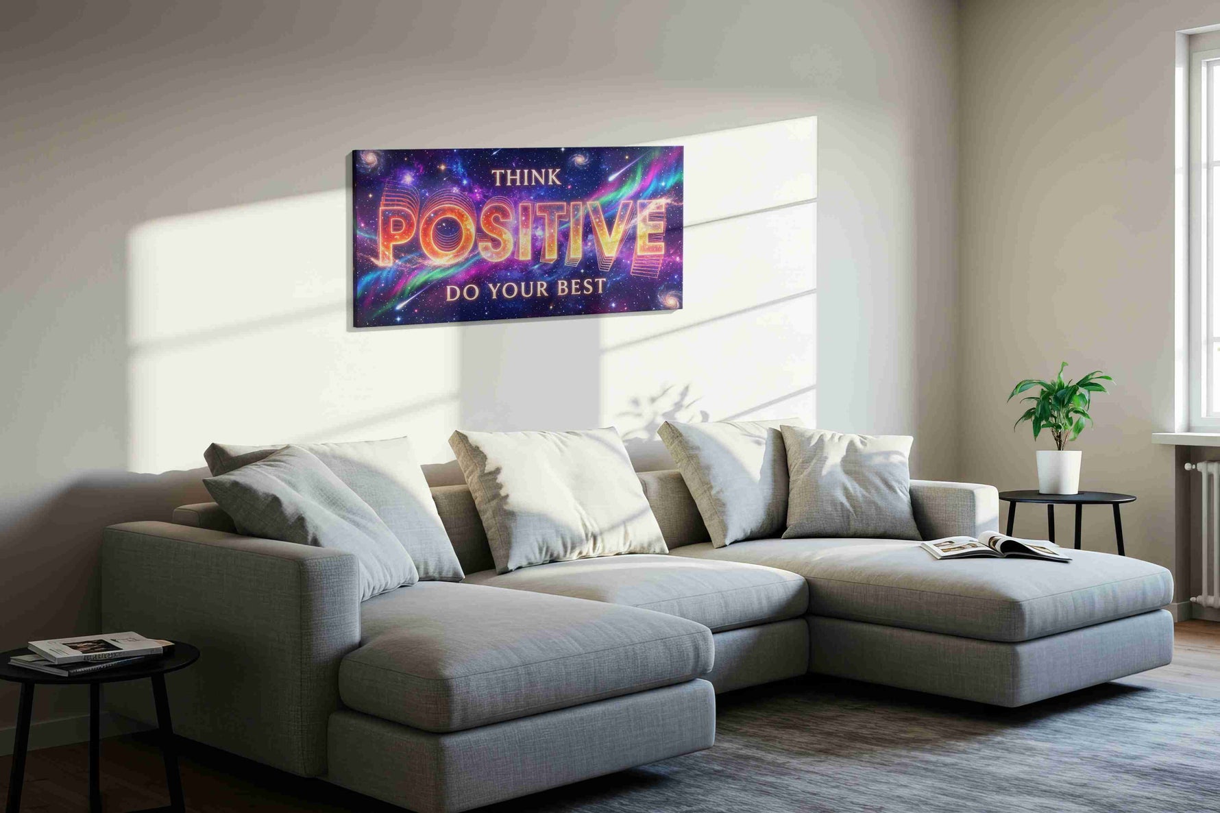 Cosmic Positivity motivational canvas print in a living room scene