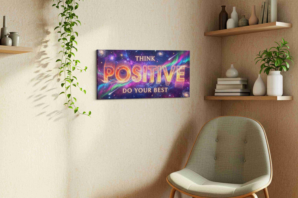 Cosmic Positivity motivational canvas print, displayed in a living room