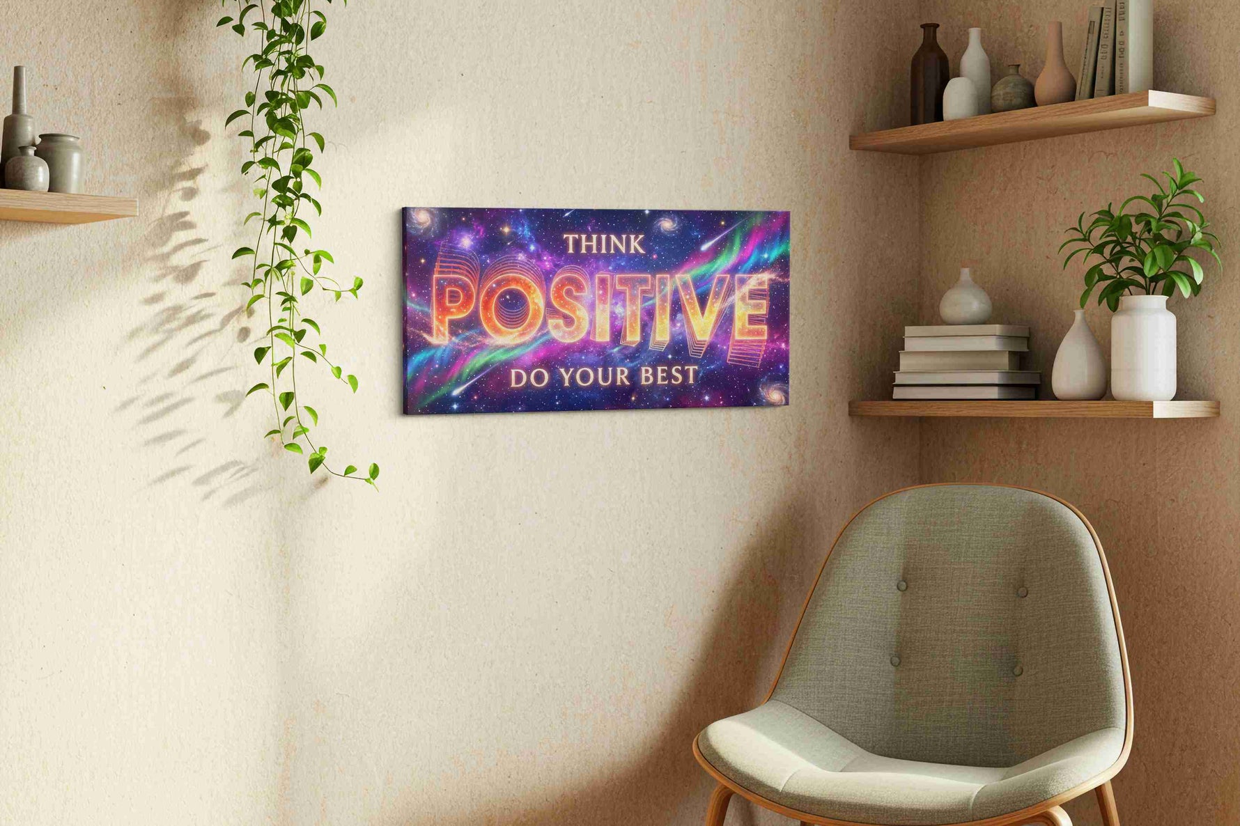 Cosmic Positivity motivational canvas print, displayed in a living room