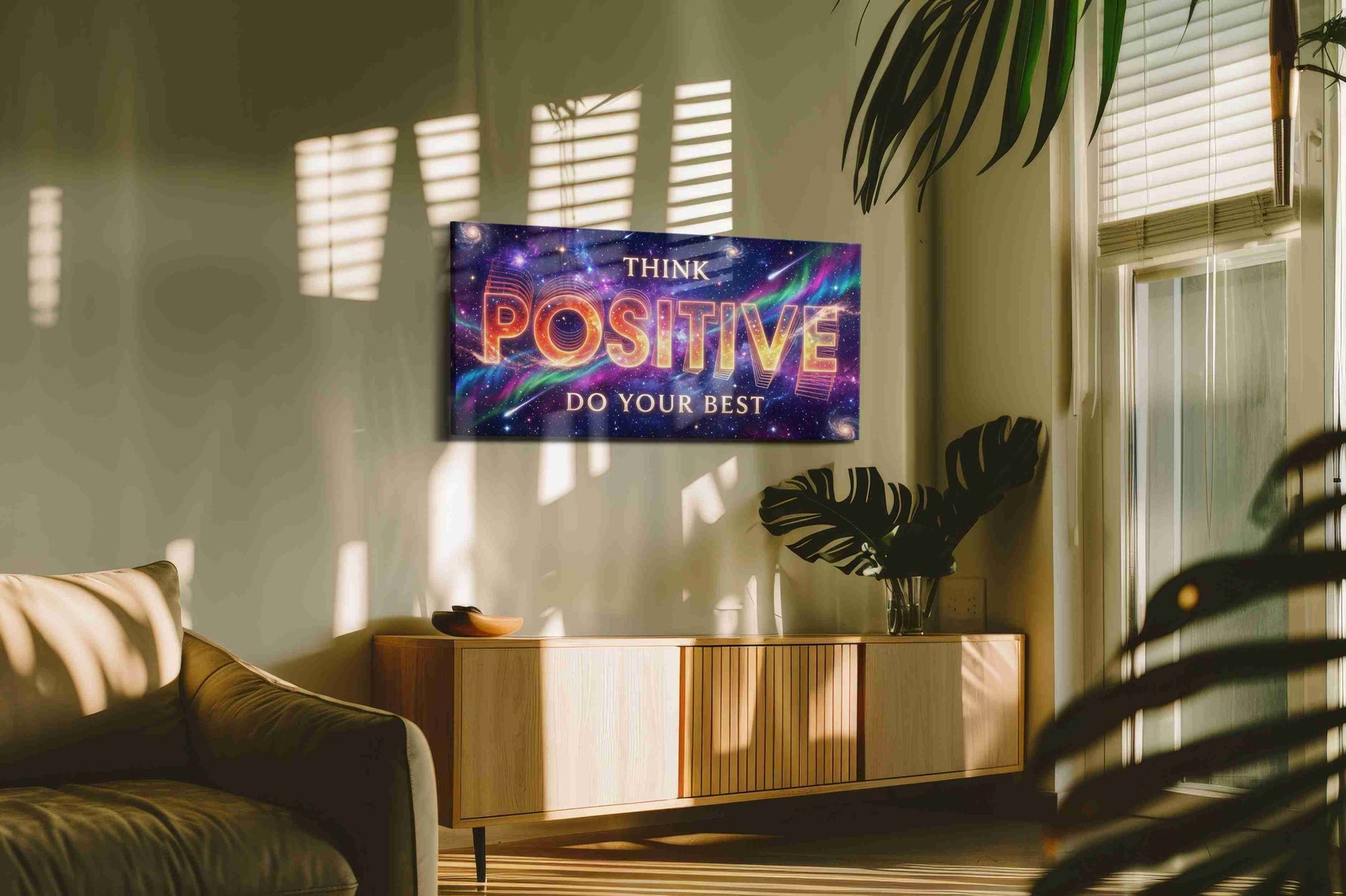 Cosmic Positivity motivational canvas print in a contemporary interior mockup
