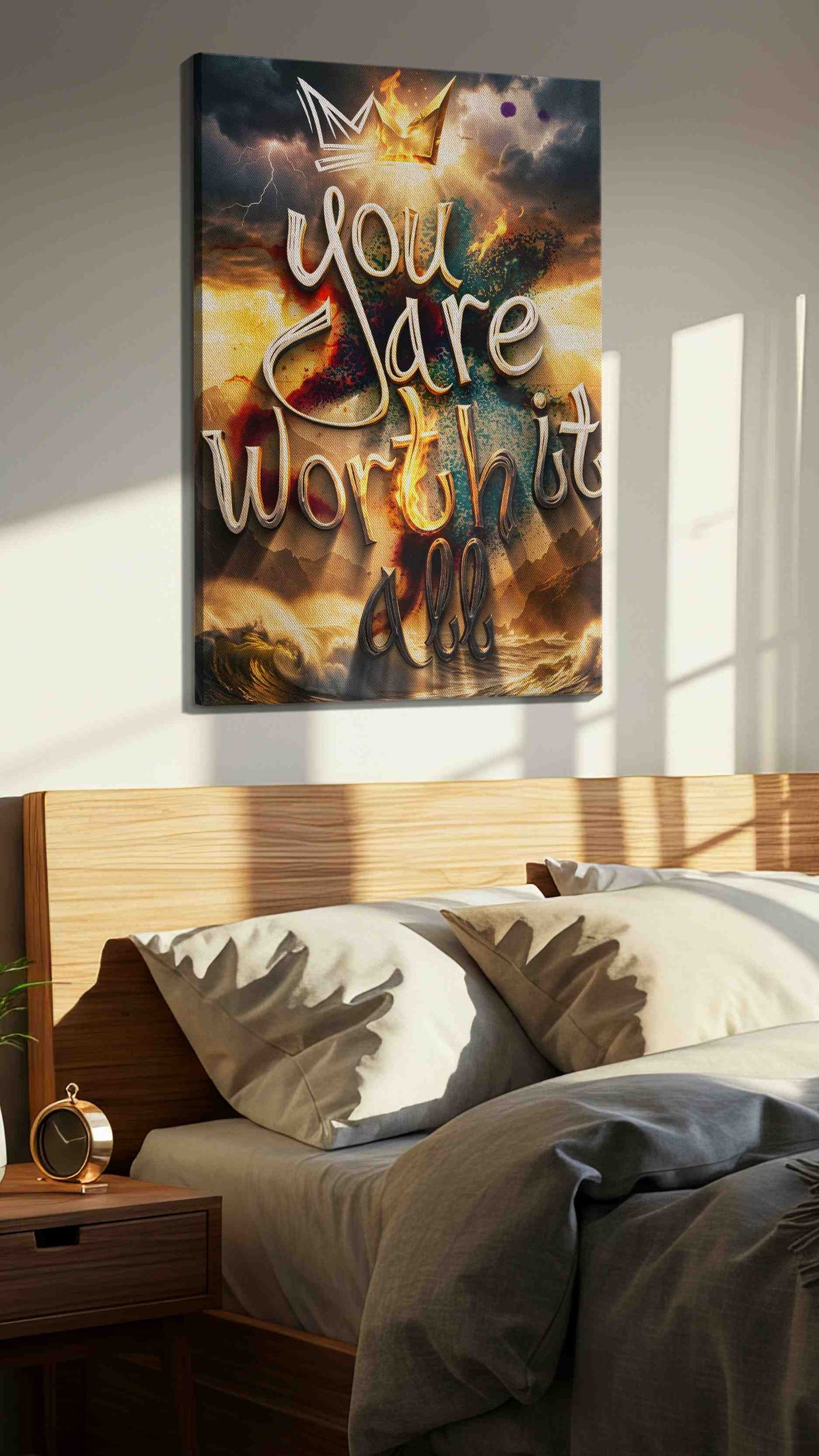 Empowerment in the Storm motivational canvas print, displayed in a bedroom