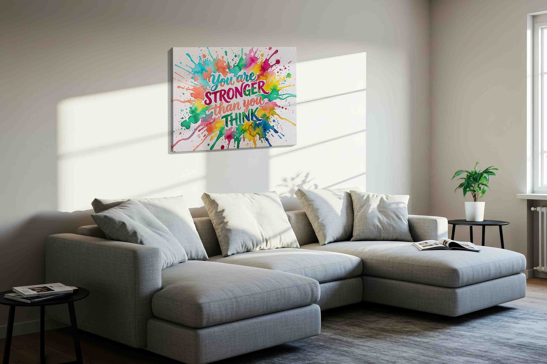 Explosion of Encouragement motivational canvas print styled in a living room