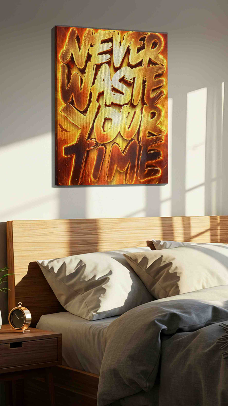 Fiery Words of Wisdom motivational canvas print, displayed in a bedroom