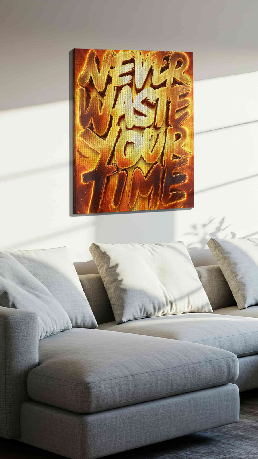 Fiery Words of Wisdom motivational canvas print, displayed in a living room