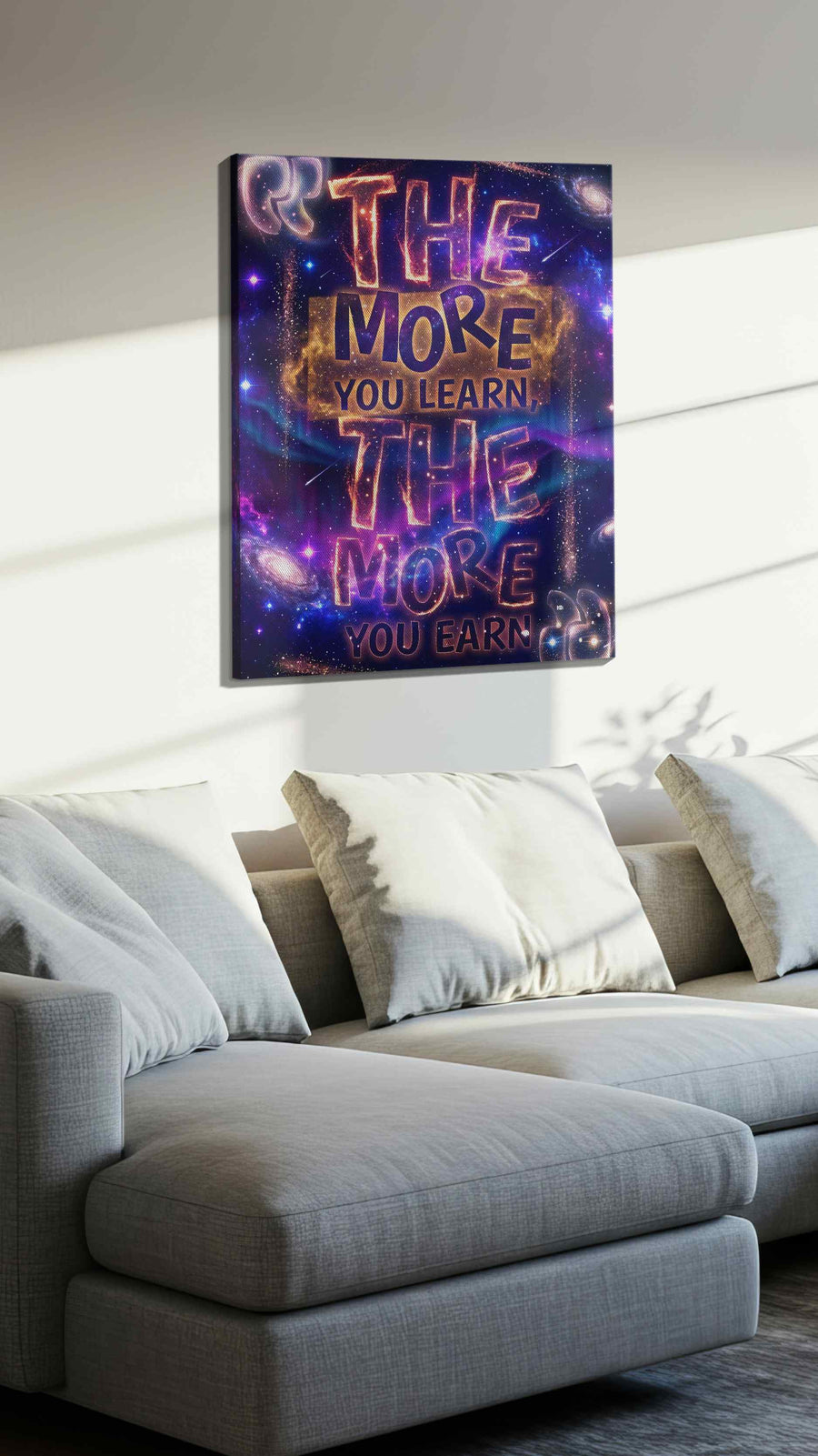 Galactic Wisdom motivational canvas print, displayed in a living room