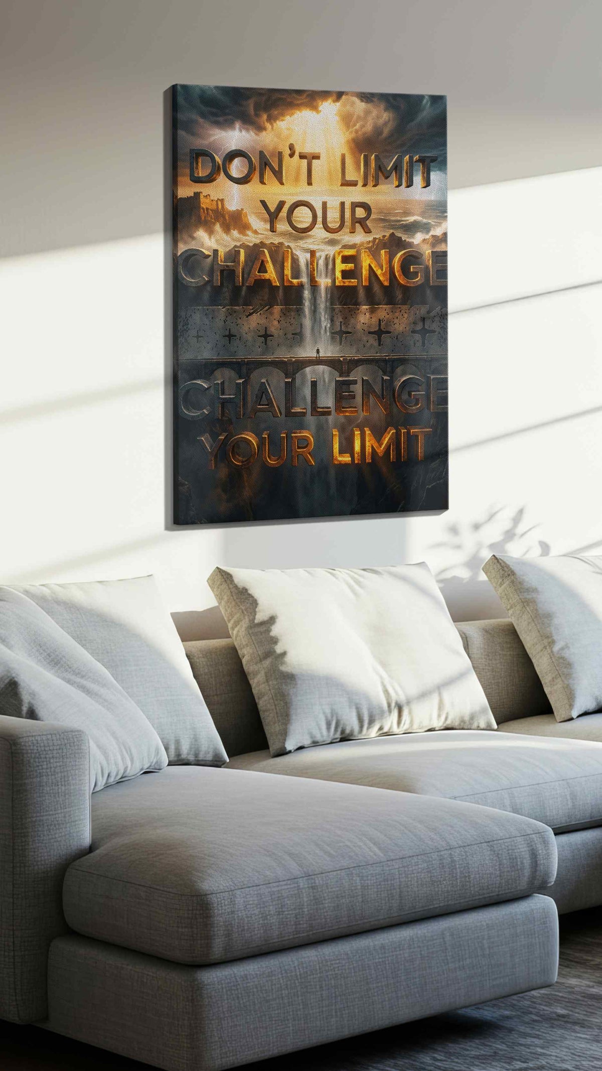Limitless Horizons motivational canvas print, displayed in a living room