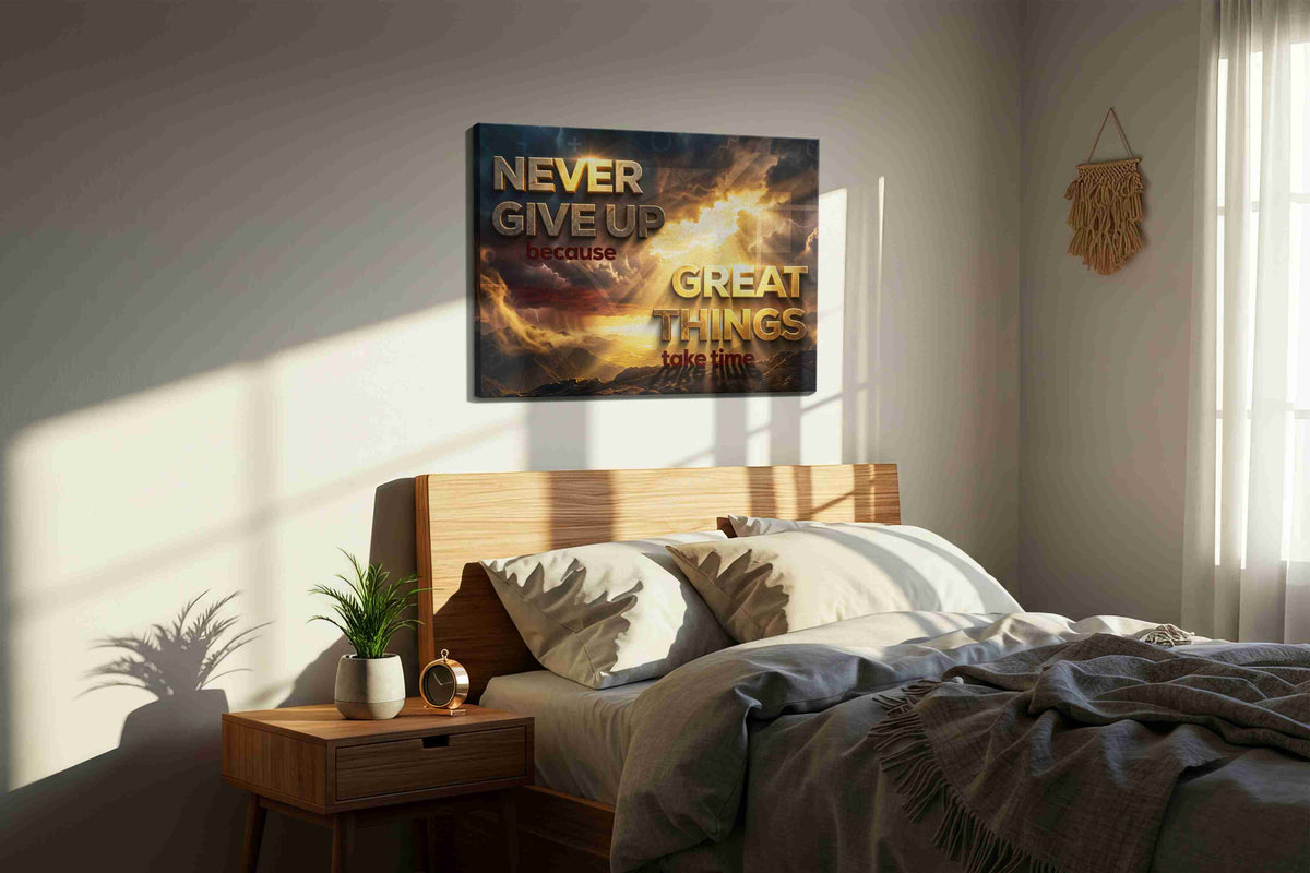 Radiant Resolve Horizon motivational canvas print, displayed in a bedroom