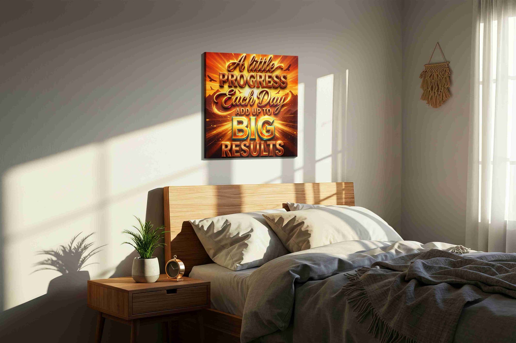 Sunlit Motivation motivational canvas print, displayed in a bedroom