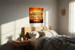 Sunrise Courage motivational canvas print, displayed in a bedroom