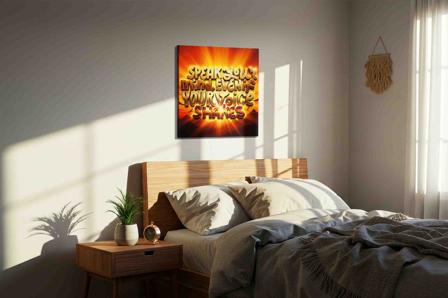 Sunrise Courage motivational canvas print, displayed in a bedroom