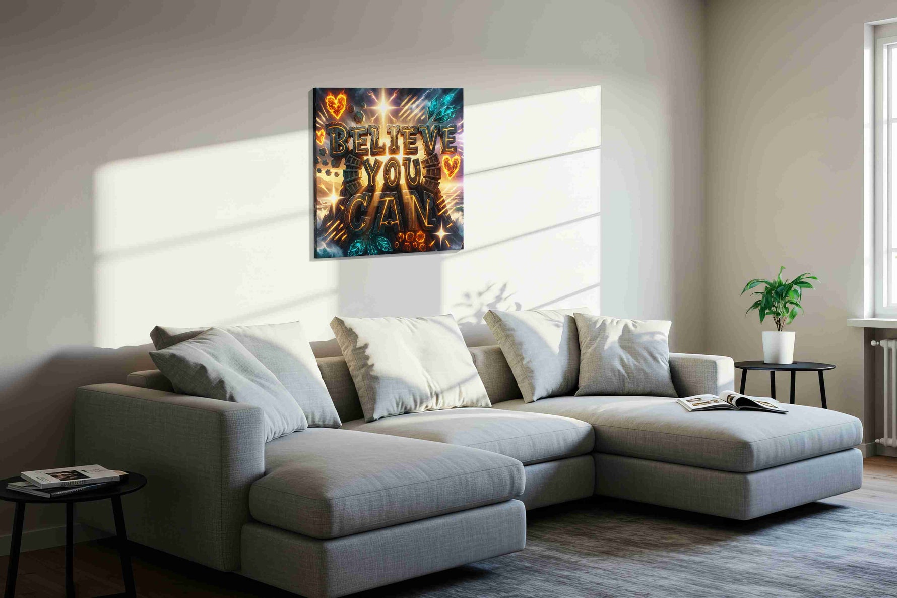 Triumphant Horizons motivational canvas print, displayed in a living room