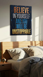Unstoppable Ambition motivational canvas print, displayed in a bedroom