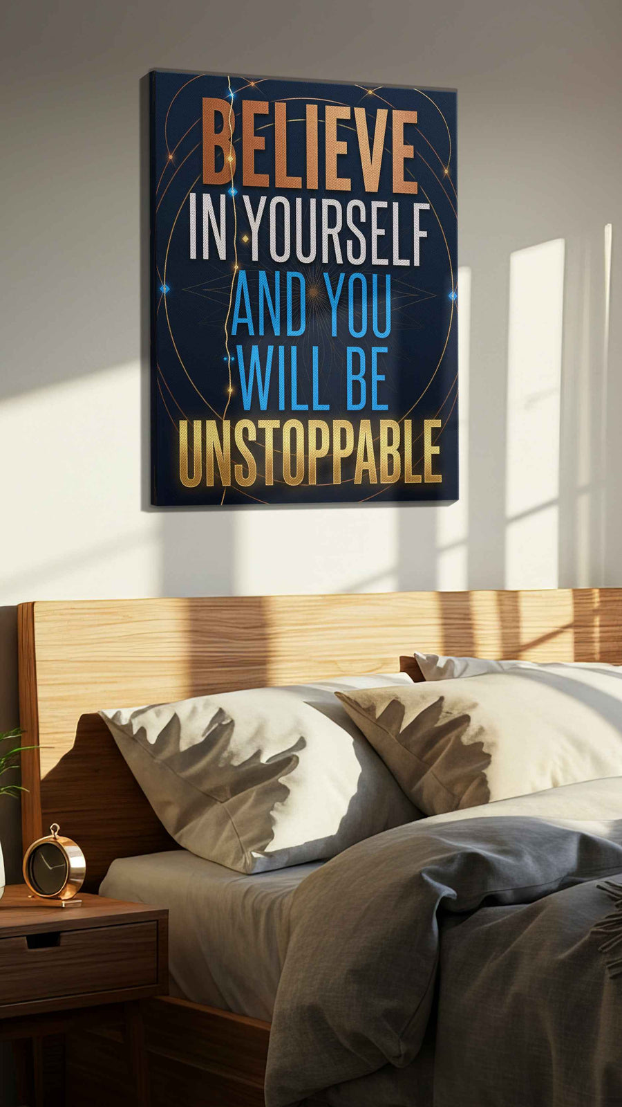 Unstoppable Ambition motivational canvas print, displayed in a bedroom