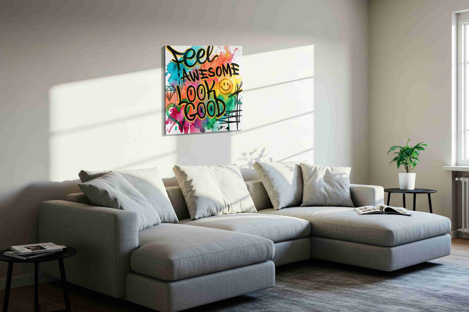 Vibrant Positivity Splash motivational canvas print in a living room scene