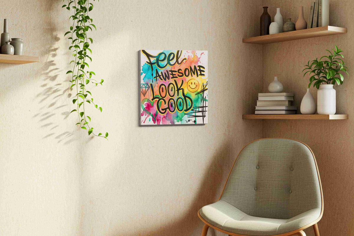 Vibrant Positivity Splash motivational canvas print, displayed in a living room