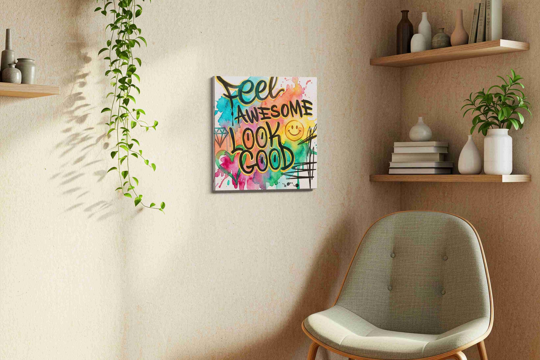 Vibrant Positivity Splash motivational canvas print, displayed in a living room