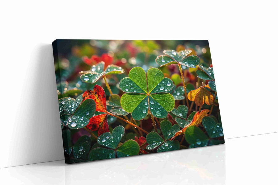 Dew-Kissed Clover Symphony leaves canvas print, gallery-wrapped, ready to hang