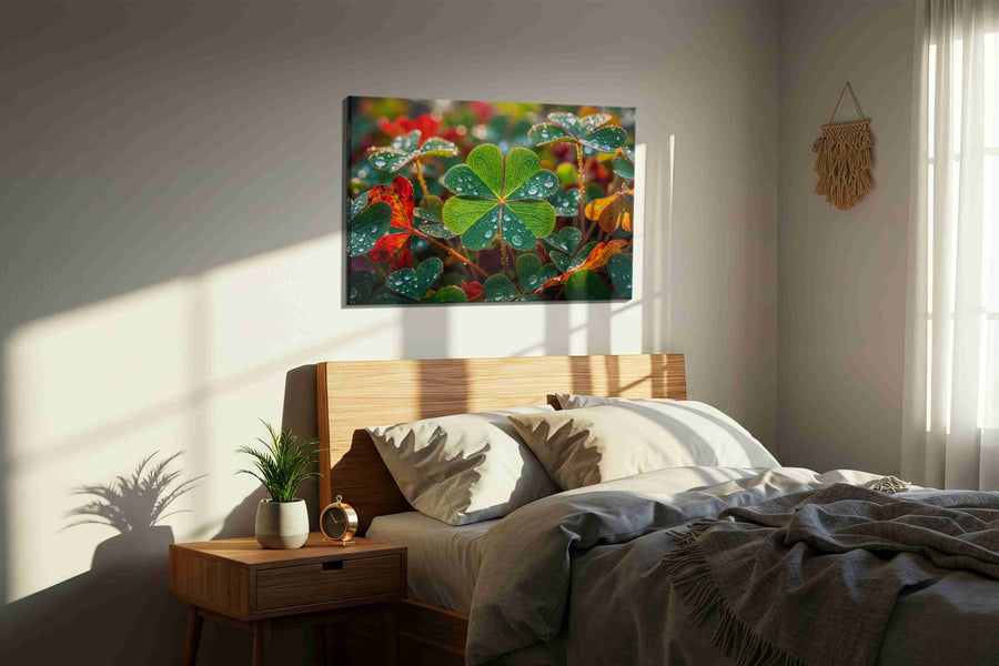 Dew-Kissed Clover Symphony leaves canvas print, displayed in a bedroom