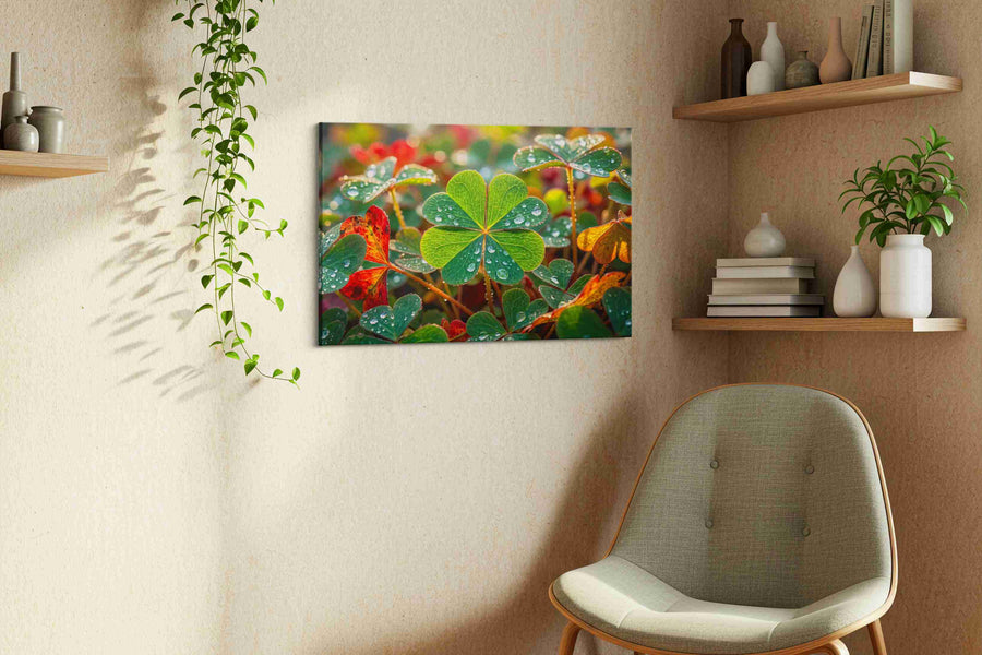 Dew-Kissed Clover Symphony leaves canvas print, displayed in a living room