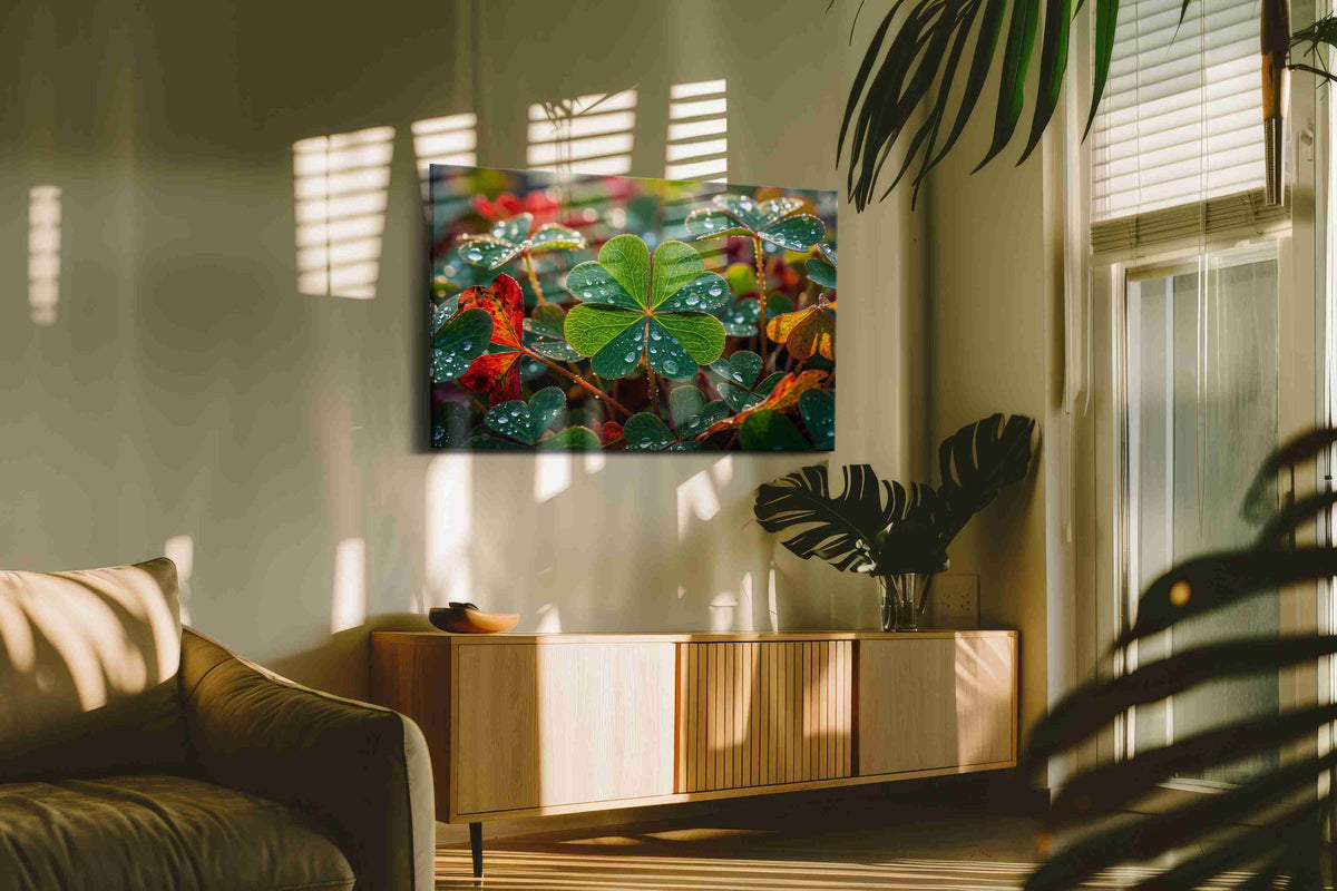 Dew-Kissed Clover Symphony leaves canvas print in a hung canvas mockup