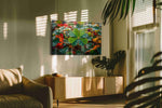 Dew-Kissed Clover Symphony leaves canvas print in a hung canvas mockup