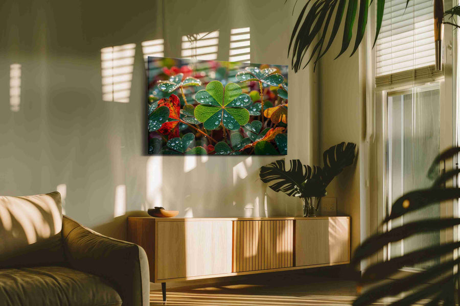 Dew-Kissed Clover Symphony leaves canvas print in a hung canvas mockup