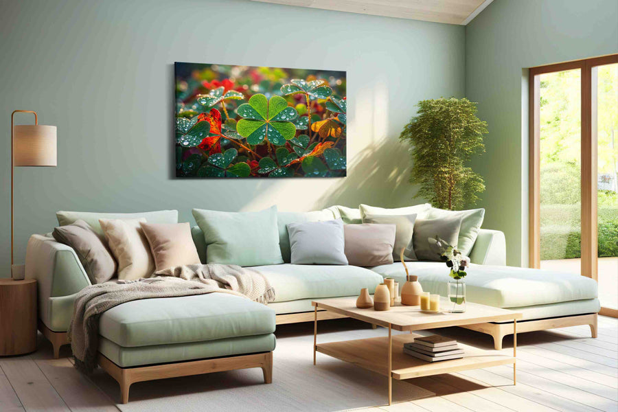 Dew-Kissed Clover Symphony leaves canvas print, hanging on wall