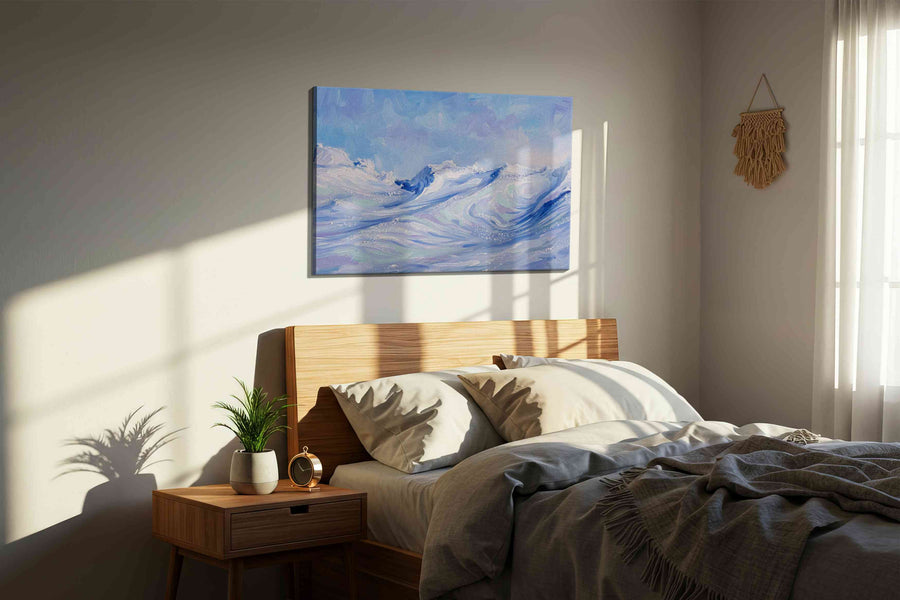 Celestial Tides Expansive winter canvas print, displayed in a bedroom
