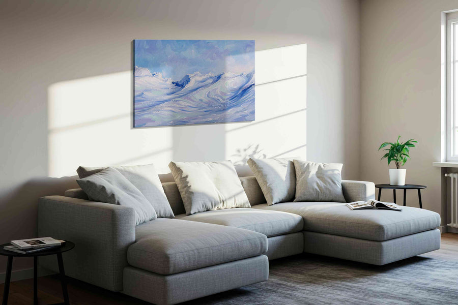 Celestial Tides Expansive winter canvas print, displayed in a living room