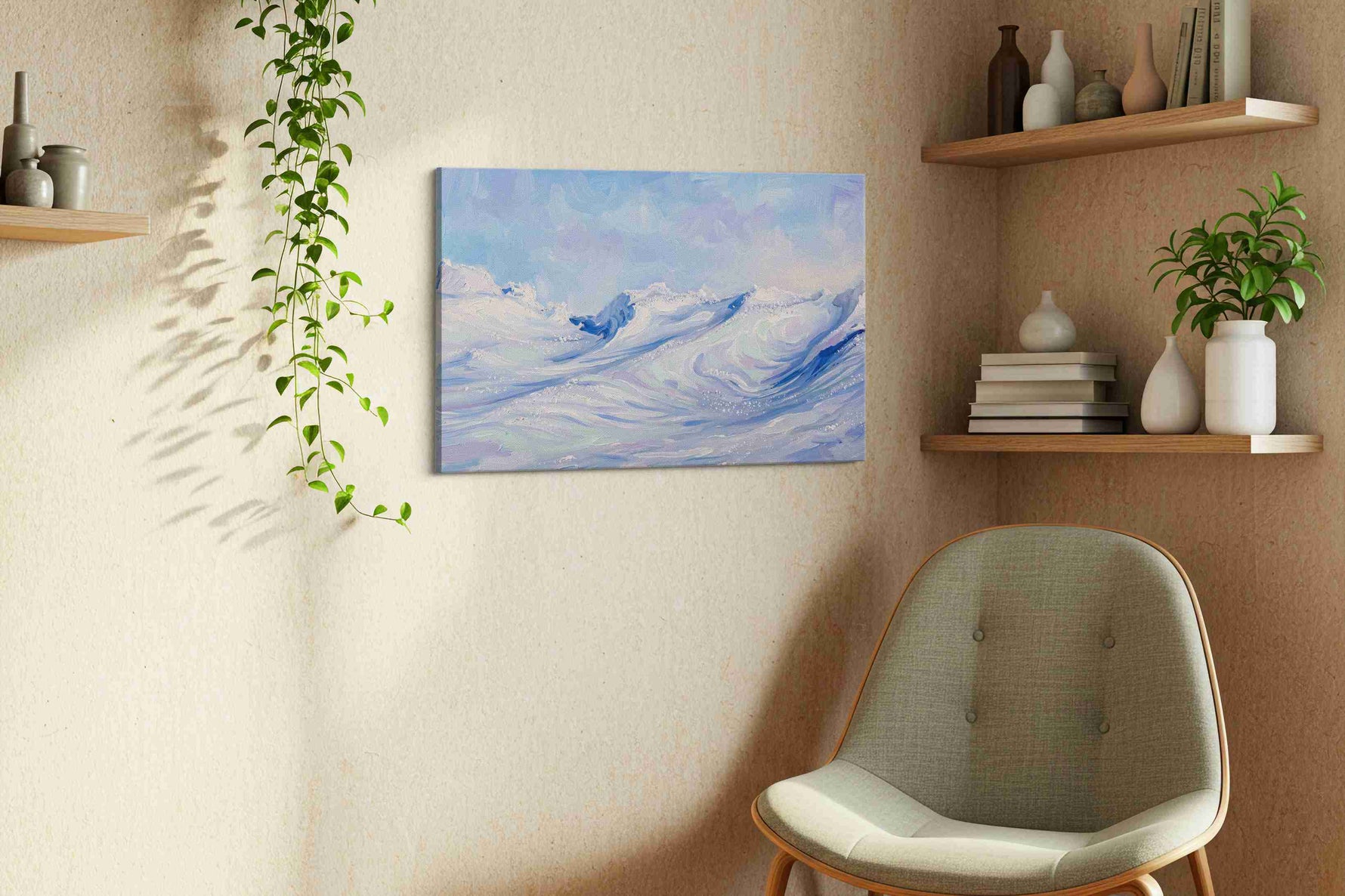 Celestial Tides Expansive winter canvas print styled in a living room