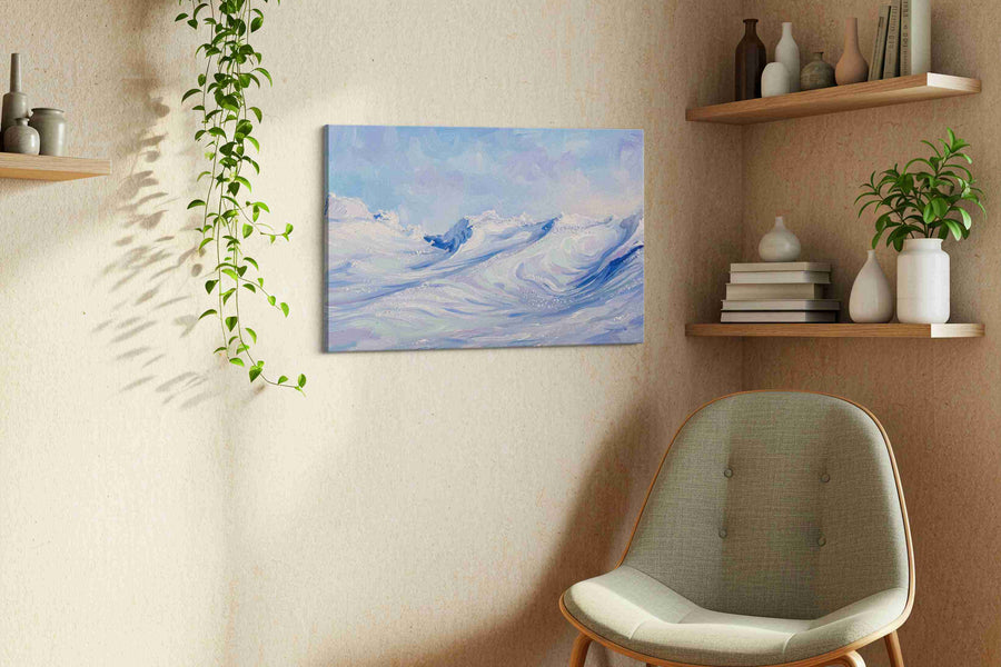 Celestial Tides Expansive winter canvas print styled in a living room
