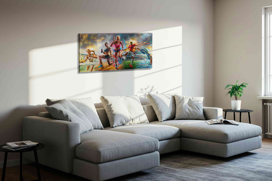 Dynamic Fusion of Motion sports canvas print, displayed in a living room