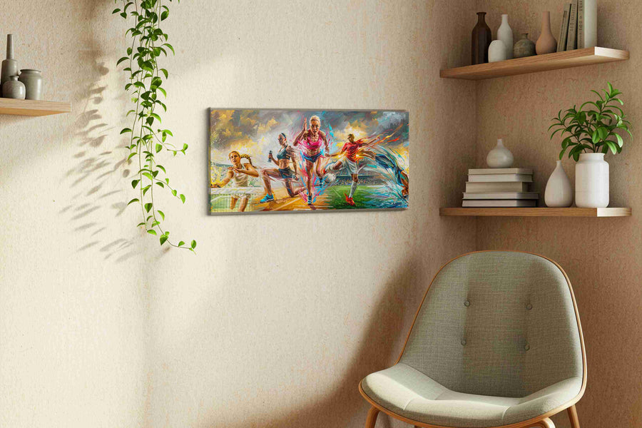 Dynamic Fusion of Motion sports canvas print styled in a living room