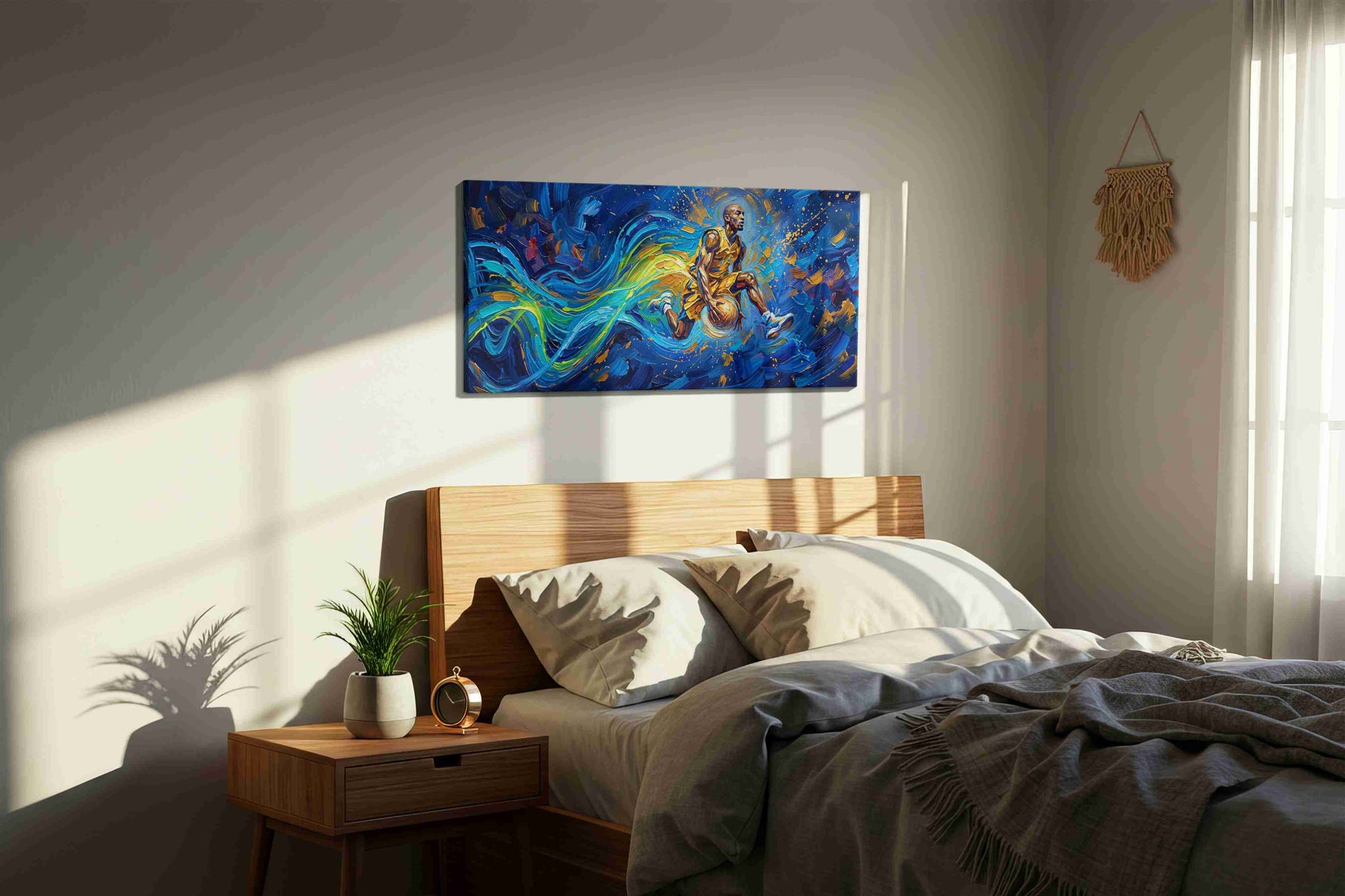 Ethereal Dunk in Motion sports canvas print, displayed in a bedroom