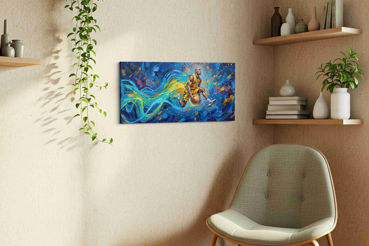 Ethereal Dunk in Motion sports canvas print, displayed in a living room