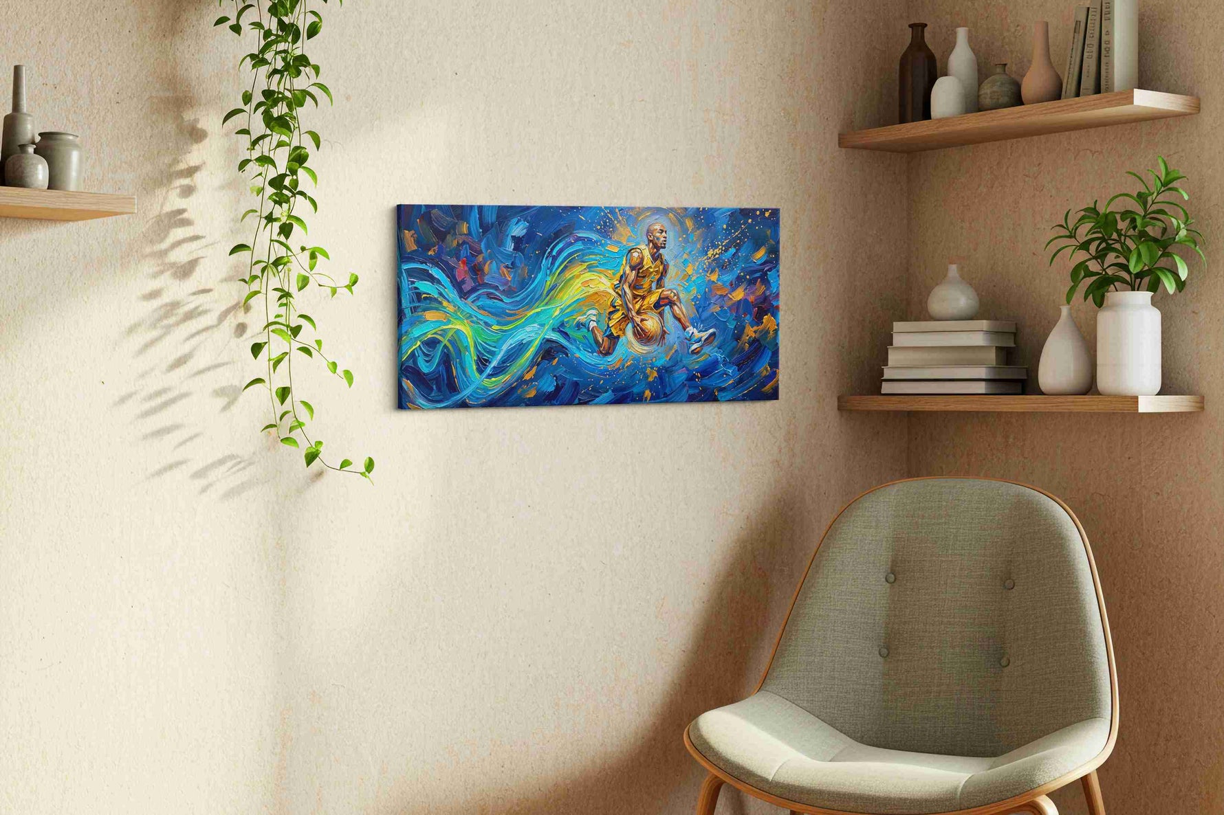 Ethereal Dunk in Motion sports canvas print, displayed in a living room