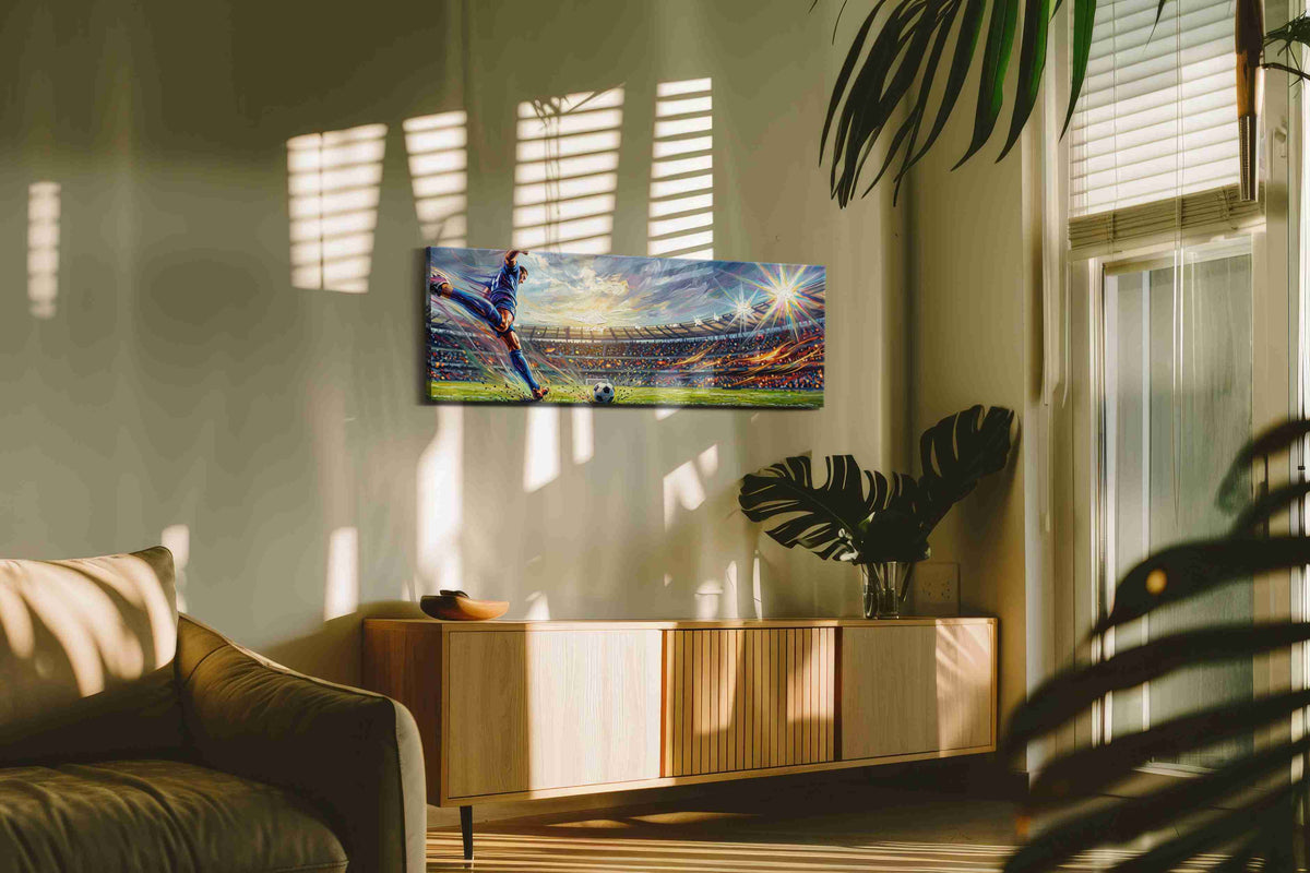 Euphoria of the Winning Goal sports canvas print, hanging on wall — in a hung canvas mockup