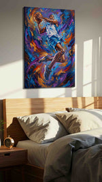 Gravity Defied Aerial Elegance sports canvas print, displayed in a bedroom