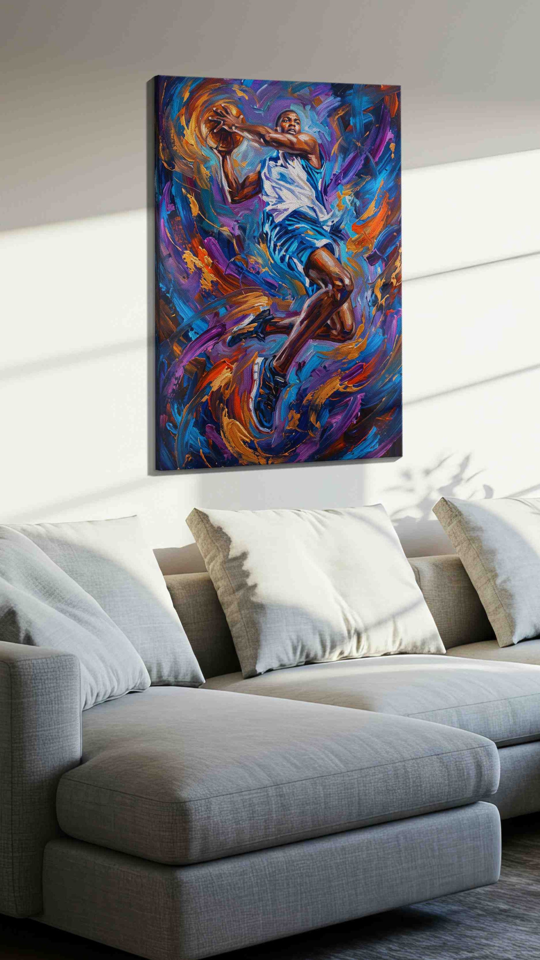 Gravity Defied Aerial Elegance sports canvas print, displayed in a living room