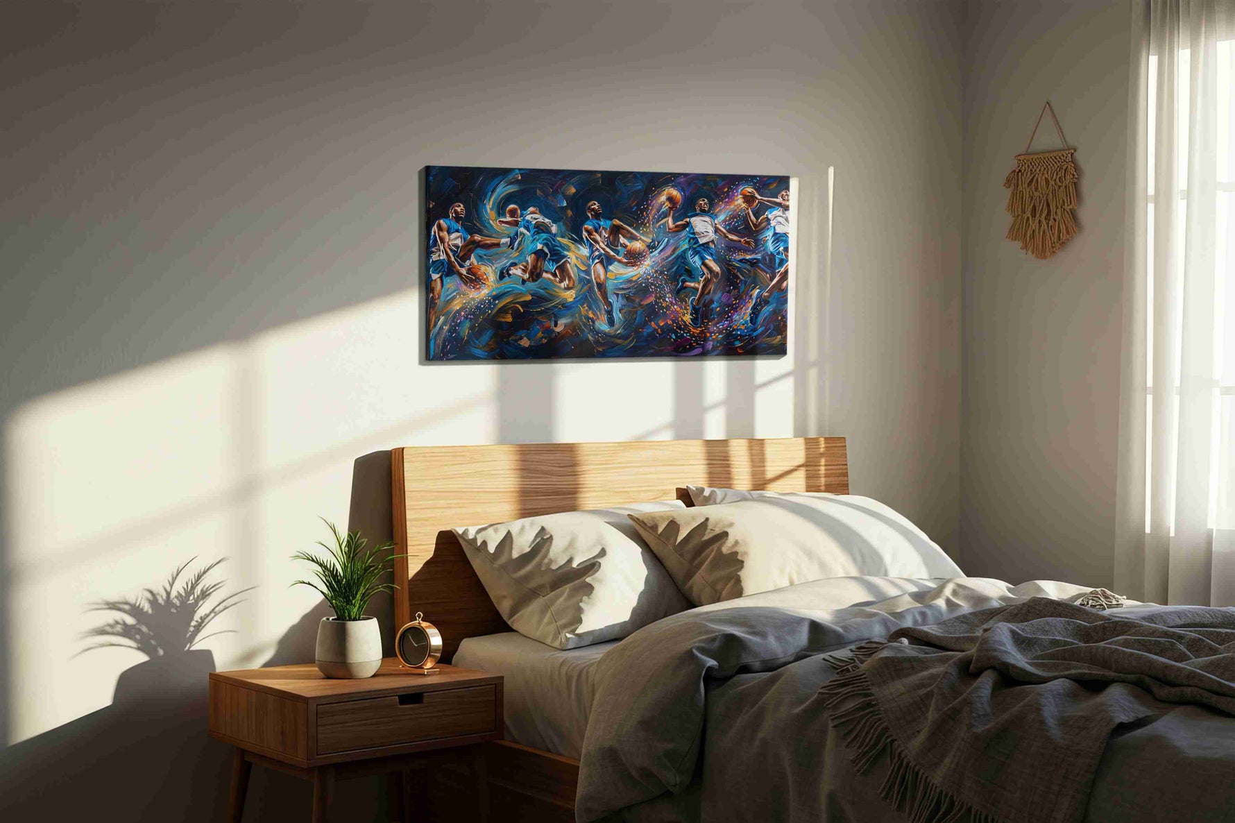 Kinetic Slam Dunk Symphony sports canvas print, displayed in a bedroom